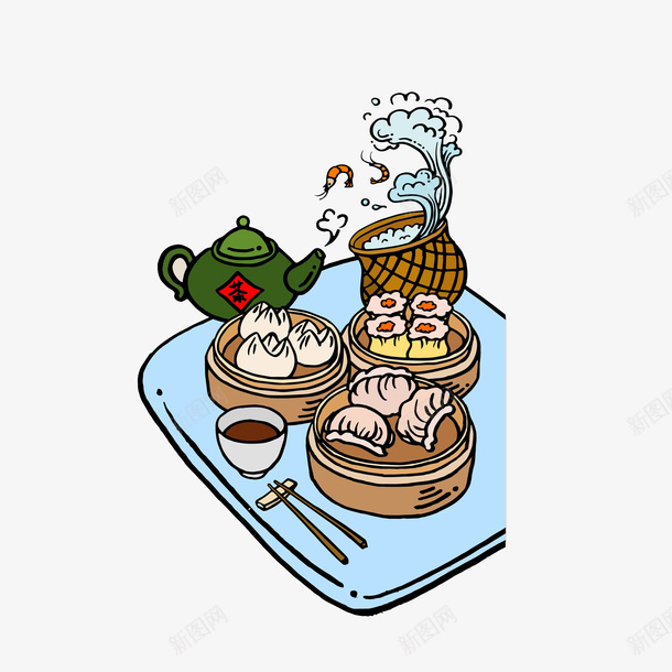 卡通粤式美食早茶点心png免抠素材_88icon https://88icon.com 可口美食 早茶点心 烧卖 筷子 粤式早点 茶壶 虾饺 酱料 鱼篓