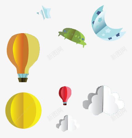 装饰纸艺贴图psd免抠素材_88icon https://88icon.com 云朵 折纸 月亮 热气球 飞船