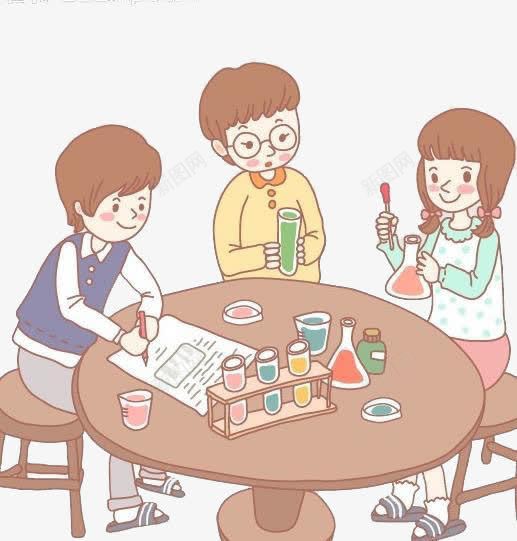 创意实验课png免抠素材_88icon https://88icon.com 三个 做试验的学生 围着桌子