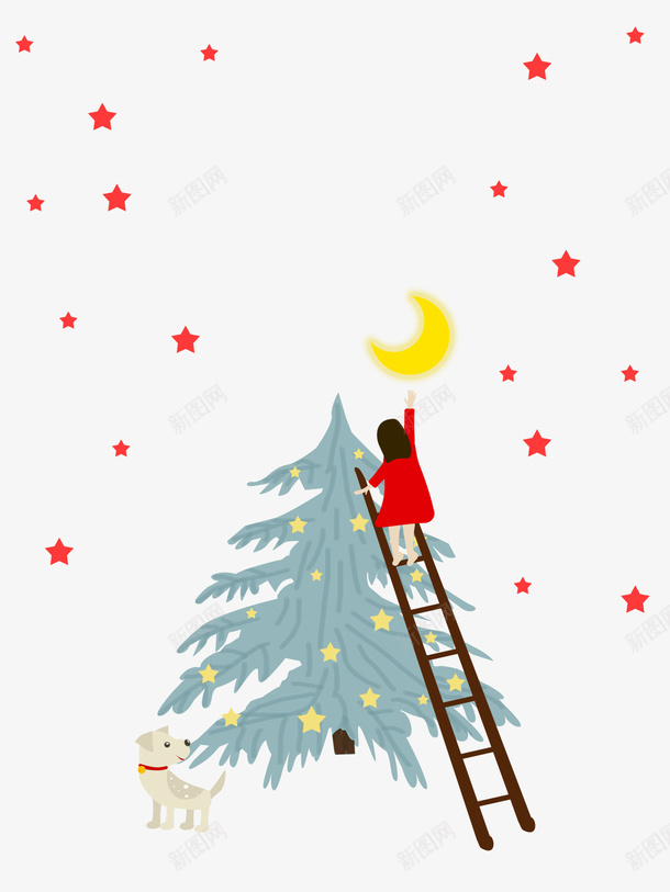 卡通手绘摘月亮的女孩psd免抠素材_88icon https://88icon.com 卡通 手绘 摘月亮的女孩 星星装饰 树木 梯子