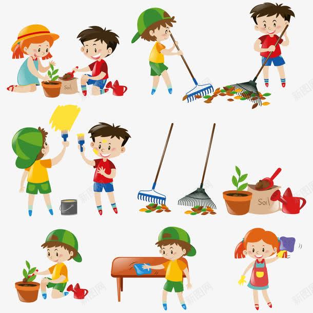 彩色的孩子收集png免抠素材_88icon https://88icon.com 值日生 做值日 劳动 女孩 小孩 扫地 擦凳子 浇花 男孩 粉刷