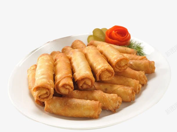 玫瑰摆盘炸春卷png免抠素材_88icon https://88icon.com 炸春卷 玫瑰雕刻 生姜摆盘 白色圆型餐盘 美食 胡萝卜 香菜