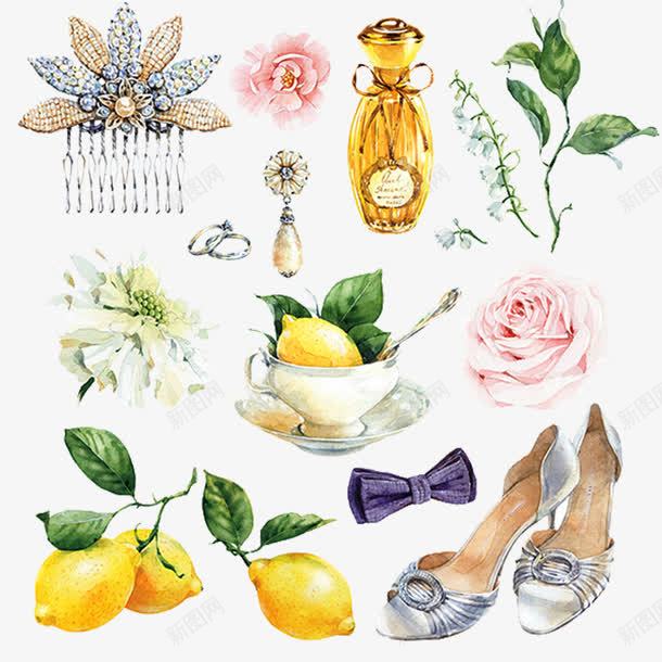 手绘插画婚礼邀请函png免抠素材_88icon https://88icon.com 头花 婚礼 手绘 插画 新娘 柠檬 玫瑰花 耳坠 胸花 邀请函 领结 高跟鞋