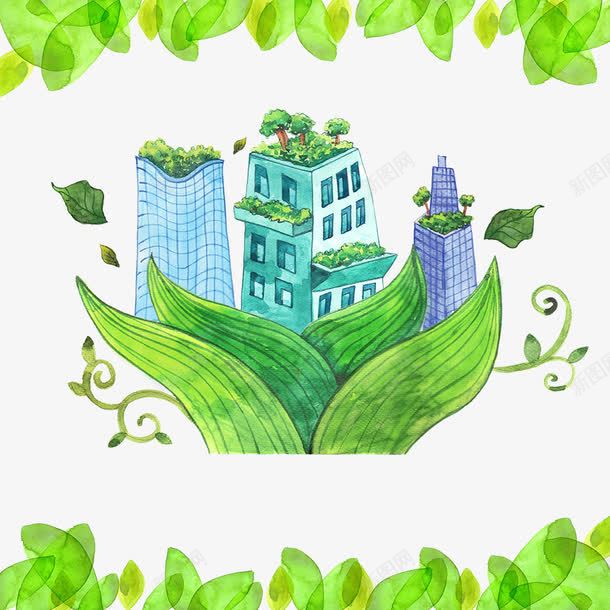 手绘环保插画psd免抠素材_88icon https://88icon.com 低碳生活 公益广告 地球 城市建设 建筑 手绘环保插画 环保插画 箭头 绿叶 绿色 绿色风格 节能减排