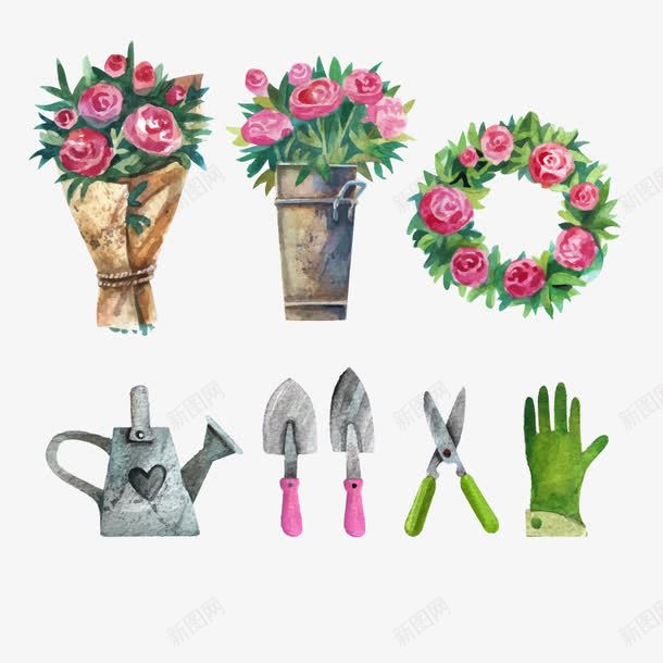 水彩花艺矢量图eps免抠素材_88icon https://88icon.com 卡通手绘 捧花 水彩画 洒水壶 花环 花艺工具 装饰图案 矢量图