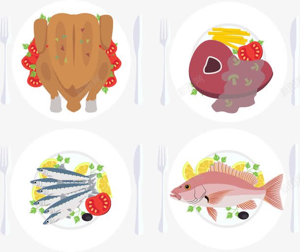 节日聚会美食png免抠素材_88icon https://88icon.com 多春鱼 清蒸鱼 烤鸡 牛排 矢量素材 聚会美食