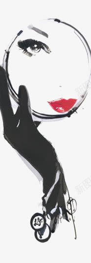 手绘女生png免抠素材_88icon https://88icon.com 创意女生 水彩女生 照镜子 红色嘴唇 镜子