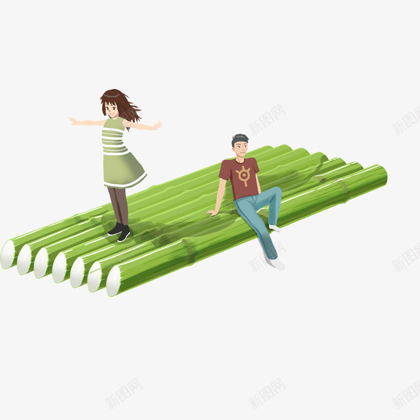 竹筏上的人物背景装饰png免抠素材_88icon https://88icon.com 卡通人物 春季郊游 春游 绿色竹筏 背景装饰