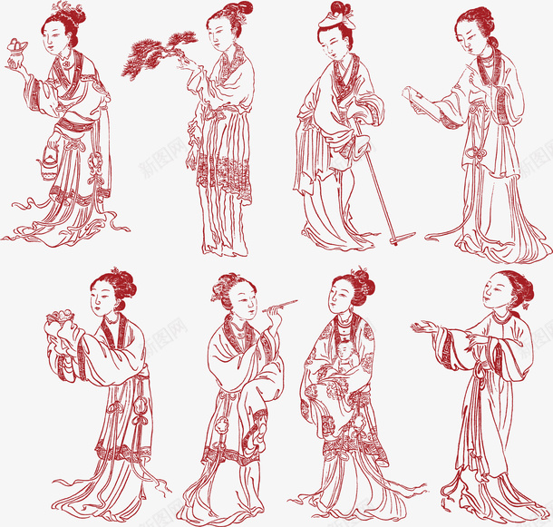 红色线描仕女图装饰png免抠素材_88icon https://88icon.com 仕女图 古代仕女图 红色 红色矢量 线描 装饰 装饰矢量
