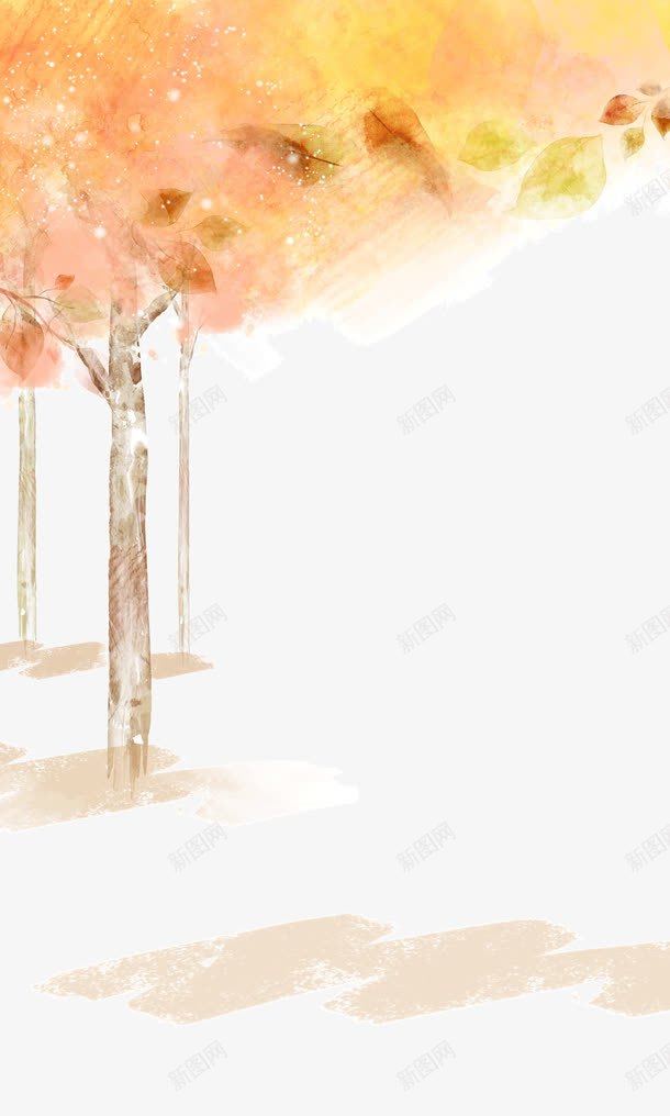 秋天树木手绘水彩psd免抠素材_88icon https://88icon.com 手绘 树木 水彩 秋天