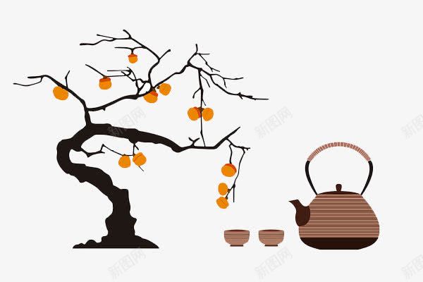 秋季景物png免抠素材_88icon https://88icon.com 季节 手绘 柿子 柿子树 水墨画 秋天 秋季 茶具 茶壶