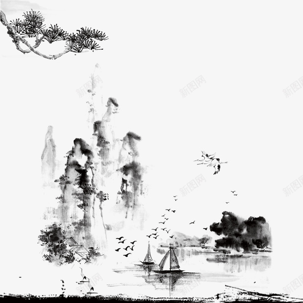 中国山水水墨画图psd免抠素材_88icon https://88icon.com 中国山水水墨画 免扣图 大雁 小船 松树 远山