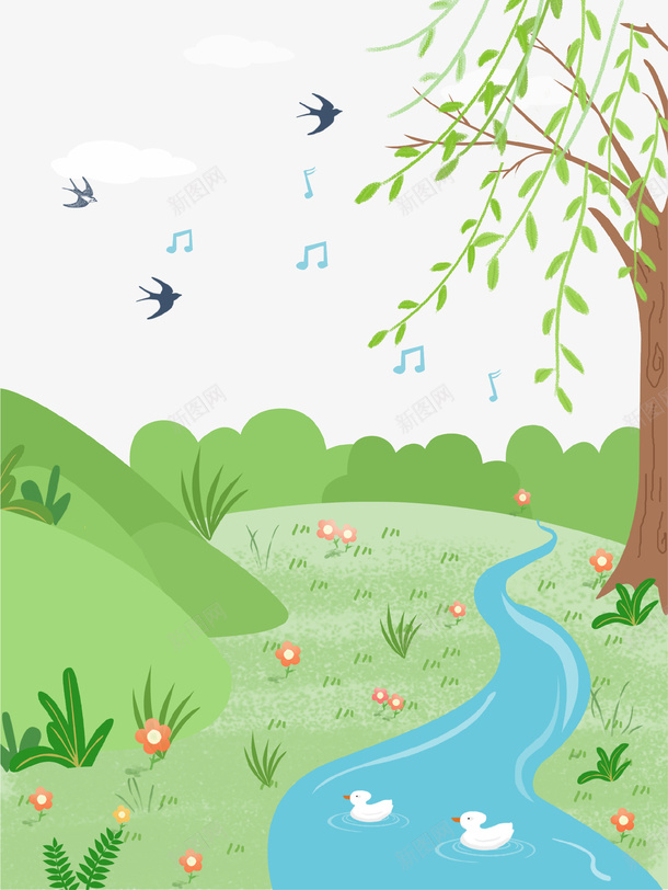 绿色清新文艺春游踏青海报背景psd免抠素材_88icon https://88icon.com 春暖花开 春游 柳树 柳树小鸟 河流 清新 燕子 绿色 踏青