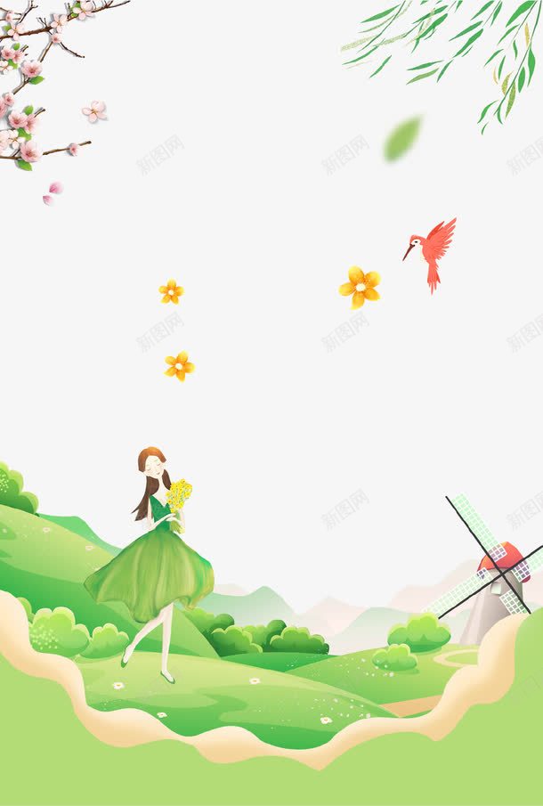 卡通手绘清新唯美春游海报背景png免抠素材_88icon https://88icon.com 卡通手绘 少女 春季 春游 柳树 桃花 背景 踏青