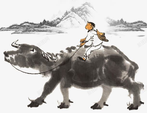 山水画psd免抠素材_88icon https://88icon.com 中国风 山水画 水墨画 骑在牛背上的小孩