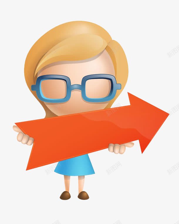 近视女孩png免抠素材_88icon https://88icon.com 女孩 手捧 手绘 橙色箭头 蓝色眼镜 蓝色裙子 金发
