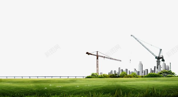 建筑工地施工png免抠素材_88icon https://88icon.com 吊车 大桥 施工 草地 高楼