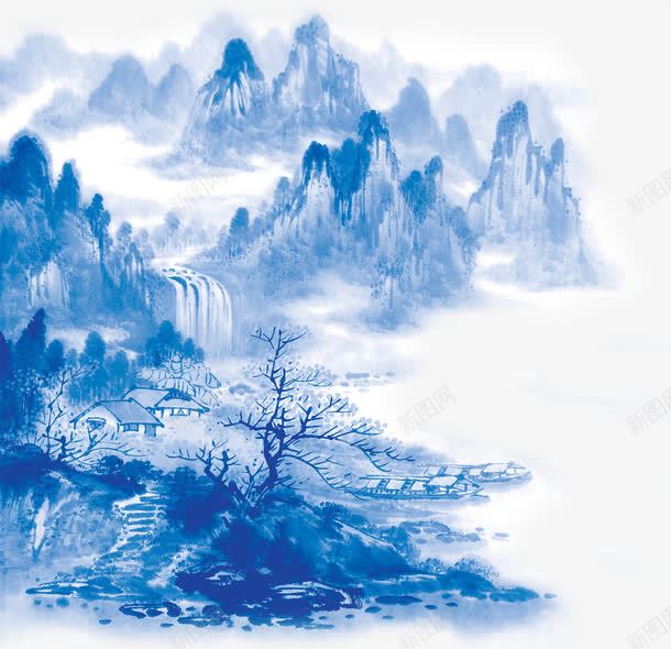 蓝色简约山水风景png免抠素材_88icon https://88icon.com 山水 简约 蓝色 风景