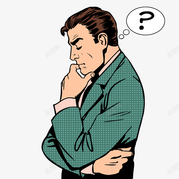 思考的男人png免抠素材_88icon https://88icon.com 低头 反省 思考 手绘 男人 简图 绿色的 西服 问号
