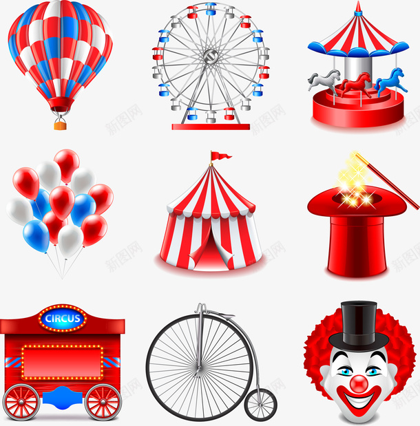 精美马戏团合集矢量图ai免抠素材_88icon https://88icon.com 合集 小丑 帽子 气球 热气球 精美 风车 马戏团 矢量图