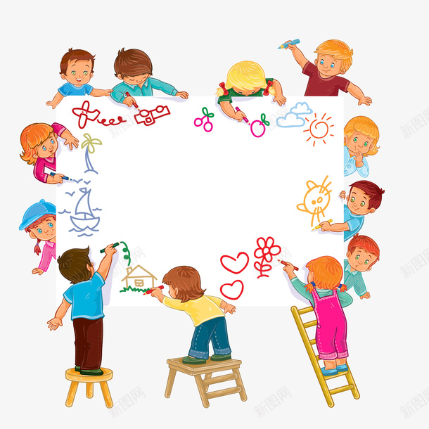 一起画画的孩子png免抠素材_88icon https://88icon.com 兴趣班 卡通 彩色 手绘 教育机构 画画 美术