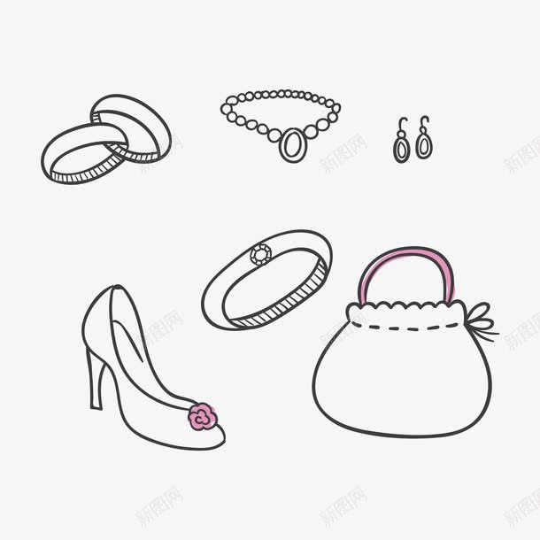 手绘婚礼配饰png免抠素材_88icon https://88icon.com 戒指 戒指素描 手提包 手绘 耳环 鞋子 项链