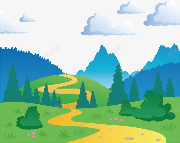 山间小路矢量图ai免抠素材_88icon https://88icon.com PNG图 PNG图下载 创意卡通 卡通插图 山间小路 插图 白云 绿树 草地 蓝天 矢量图