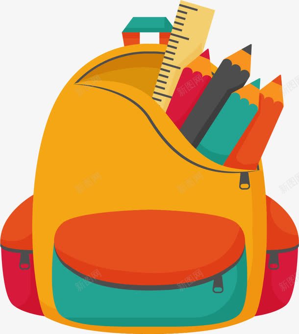 卡通书包png免抠素材_88icon https://88icon.com 书包 卡通 卡通书包 学习用品 学生书包矢量 尺子 彩笔 彩色书包 文具 画笔 铅笔