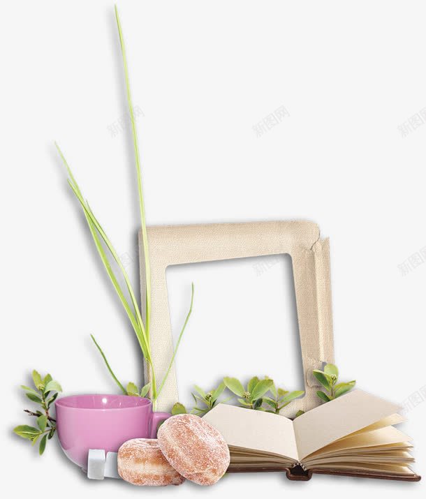 文艺相框png免抠素材_88icon https://88icon.com 书本 植物 相框 绿色植物 被子 饼干