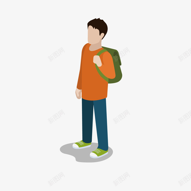 橙色长袖人物模型矢量图ai免抠素材_88icon https://88icon.com 人物 小人 模型 男人 短发 立体 绿色鞋子 背包 鞋子 矢量图