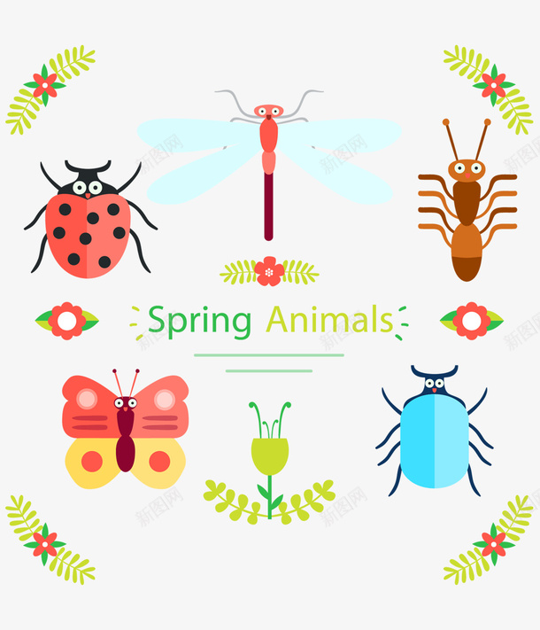 卡通昆虫和花朵png免抠素材_88icon https://88icon.com 卡通 手绘 昆虫 春天 花朵