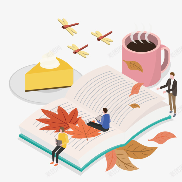 书本蛋糕立体场景矢量图ai免抠素材_88icon https://88icon.com 25D 书籍 卡通人物商用 咖啡 枫叶 矢量图 立体场景 等距视角 茶杯 蛋糕 蜻蜓