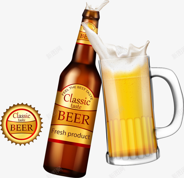 手绘精美的啤酒瓶和扎啤杯矢量图ai免抠素材_88icon https://88icon.com 啤酒沫 啤酒瓶 干杯 手绘 扎啤杯 碰杯 精酿啤酒 矢量图