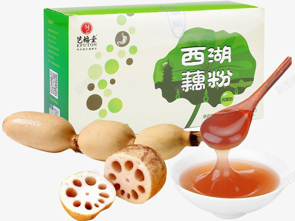 西湖藕粉png免抠素材_88icon https://88icon.com 勺子 包装盒 小碗 手绘 绿色的 荷叶 莲藕 西湖藕粉