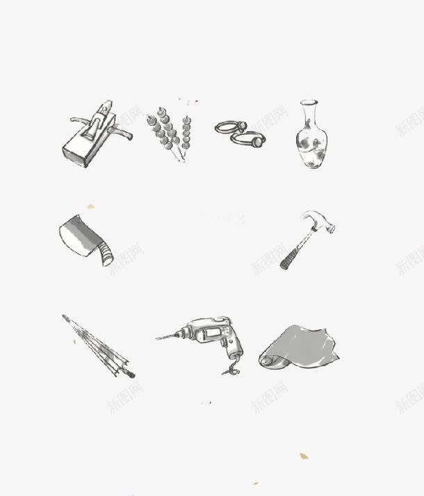 匠工的成就png免抠素材_88icon https://88icon.com 匠人匠心 卡通 手绘 灰色 电钻 花瓶 菜刀 锤子 雨伞