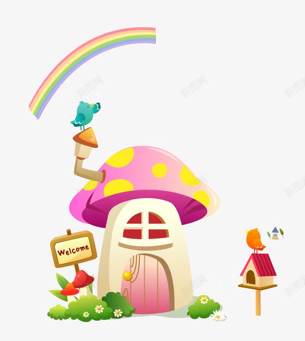 卡通城堡png免抠素材_88icon https://88icon.com 信箱 卡通 小鸟 房子 蘑菇