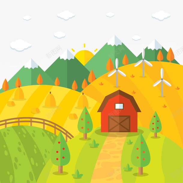秋季山林牧场风景png免抠素材_88icon https://88icon.com 扁平 扁平山 牧场 绿山 黄色