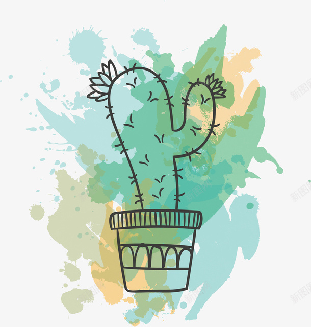 水彩开花仙人掌矢量图ai免抠素材_88icon https://88icon.com 多色 开花 水彩 白色背景 盆栽 绿色 矢量图