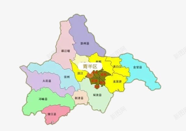 彩色成都区县地图png免抠素材_88icon https://88icon.com 四川 地图 彩色 成都 领土