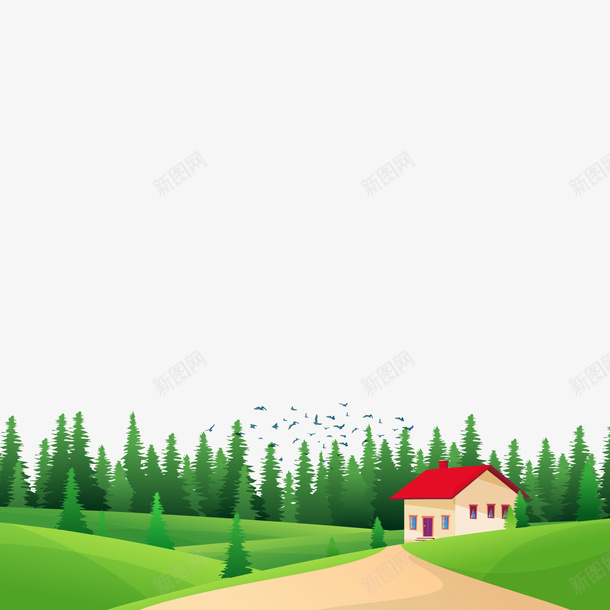 乡下房子矢量图ai免抠素材_88icon https://88icon.com PNG免抠图下载 卡通 小路 村庄 森林 矢量图 装饰 远处的森林