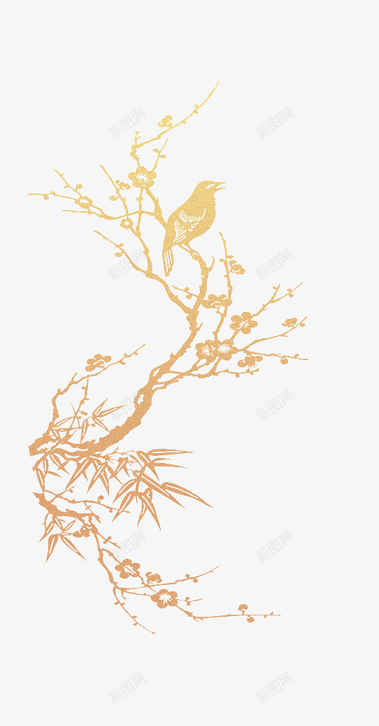 中国风梅花花鸟画png免抠素材_88icon https://88icon.com 中国风 插画 梅花 竹叶 背景 花鸟 装饰