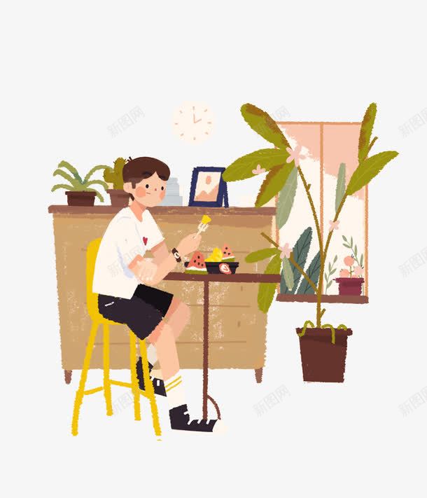 吃西瓜的男孩png免抠素材_88icon https://88icon.com 凳子 卡通手绘 吃西瓜 吧台 桌子 植物 水果 男孩 窗户