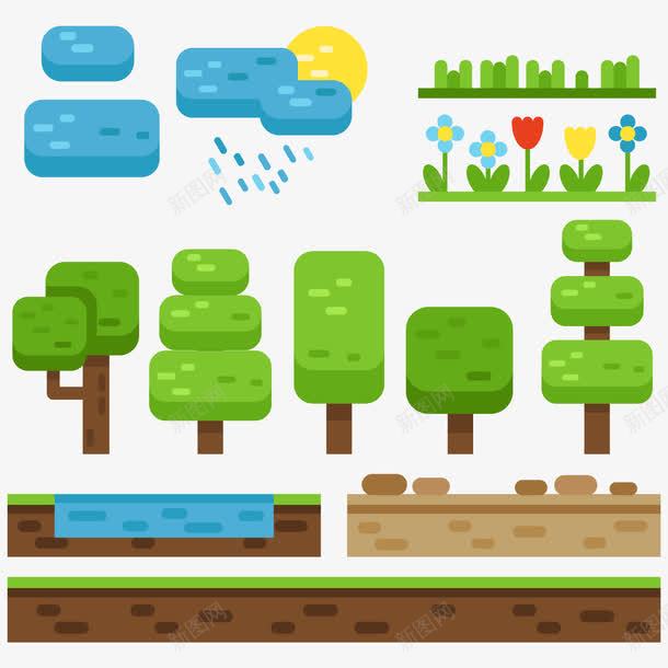 视频游戏自然元素矢量图ai免抠素材_88icon https://88icon.com 大树 天气 太阳 指示牌 操场 自然元素 花 花朵 雨 矢量图