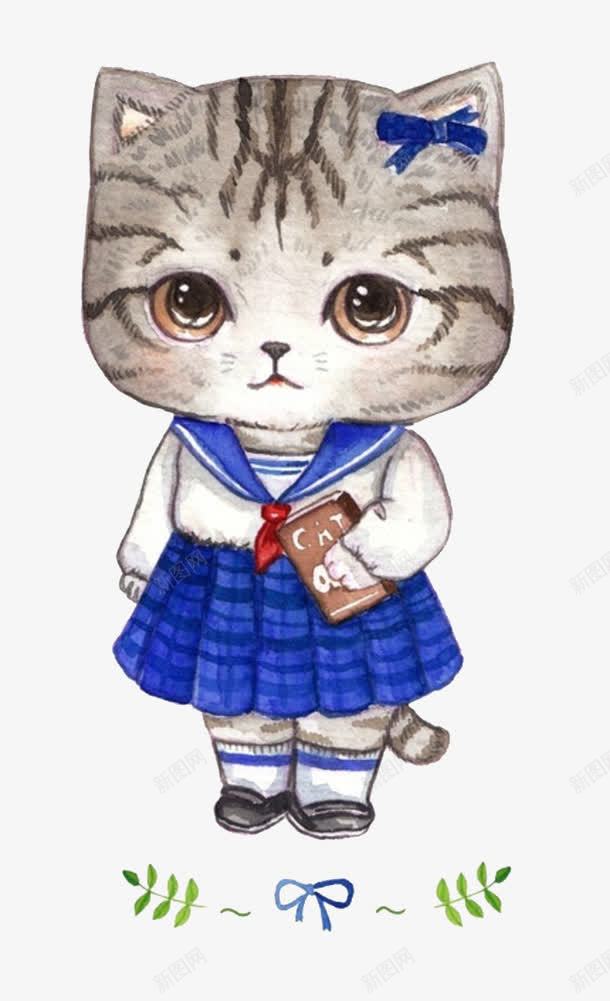 卡通手绘可爱猫咪png免抠素材_88icon https://88icon.com 书本 制服 可爱 手绘 报书 校服 猫咪 蝴蝶结 裙子