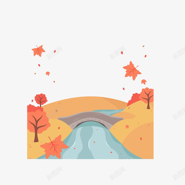 卡通秋分唯美风景画png免抠素材_88icon https://88icon.com 卡通插画 唯美风景 流淌的河水 秋风 落叶纷飞