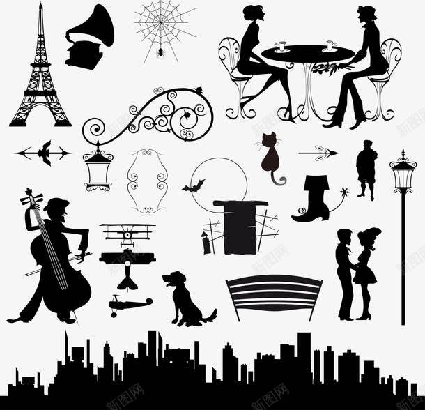 城市街头主题png免抠素材_88icon https://88icon.com 2 人物剪影 城市剪影 情侣 拉大提琴 狗 留声机 矢量素材 约会 蜘蛛网 路灯 铁塔 飞机