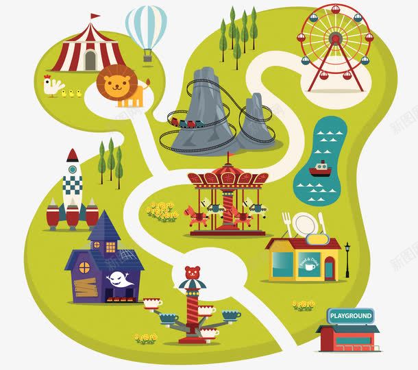 卡通游乐场地图png免抠素材_88icon https://88icon.com 摩天轮 旋转木马 游乐场地图 过山车轨道