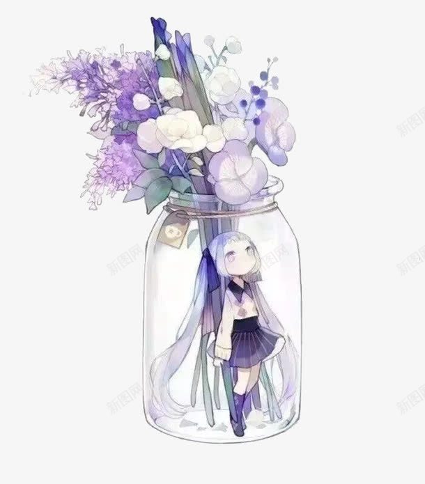 玻璃瓶中的小姑娘png免抠素材_88icon https://88icon.com 手绘紫藤花 插花 玻璃瓶 紫藤花 色彩手绘 艺术 长发女孩