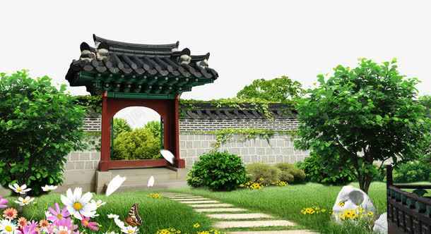 清新庭院背景psd免抠素材_88icon https://88icon.com 后院 庭院 拱门 树木 花朵 阳台 院子