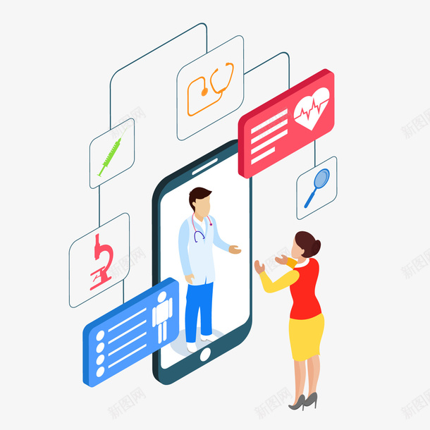 卡通网上问诊png免抠素材_88icon https://88icon.com 互联网 医生患者 卡通人物 立体手机 网上问诊